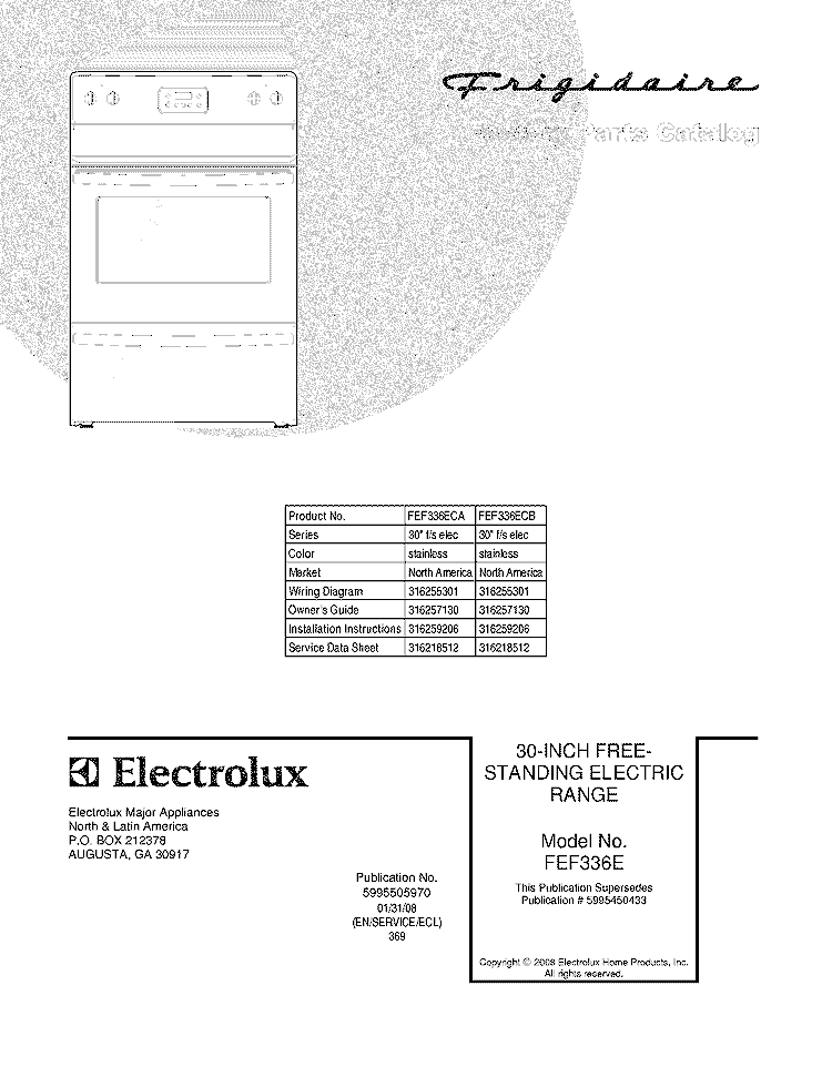 COVER Diagram and Parts List for FEF336ECA  Frigidaire Range