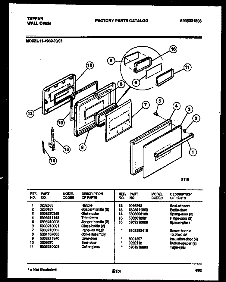 DOOR PARTS Diagram and Parts List for 11-4989-00-03  Tappan Wall Oven