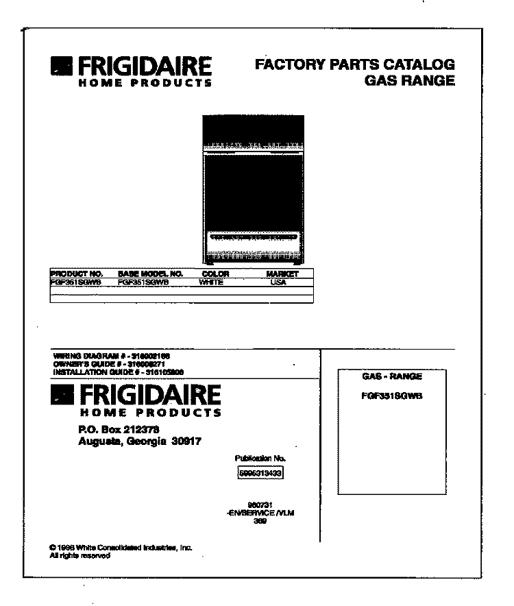 COVER Diagram and Parts List for FGF351SGWB  Frigidaire Range