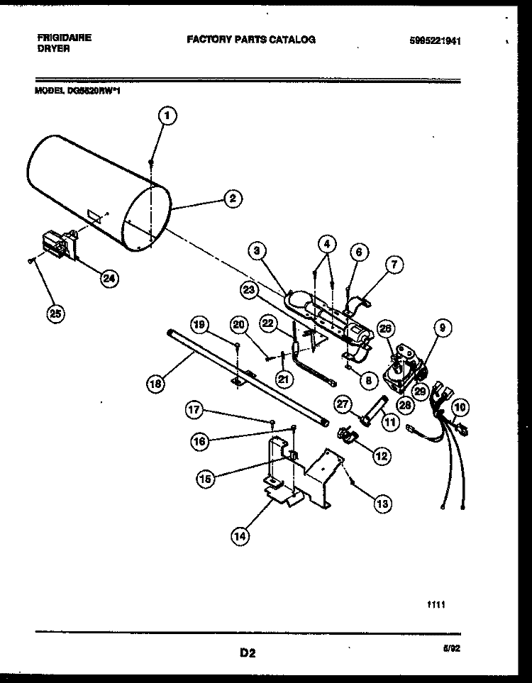 BURNER, IGNITER AND VALVE Diagram and Parts List for DG5520RW1  Frigidaire Dryer