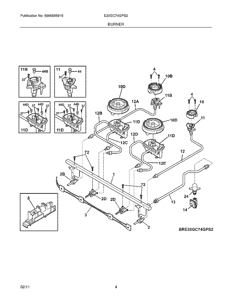 BURNER Diagram and Parts List for E30GC74GPS2  Electrolux Cooktop