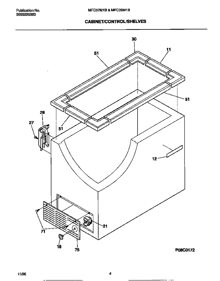 CABINET / CONTROL / SHELVES Diagram and Parts List for MFC07M1BW3  Frigidaire Freezer