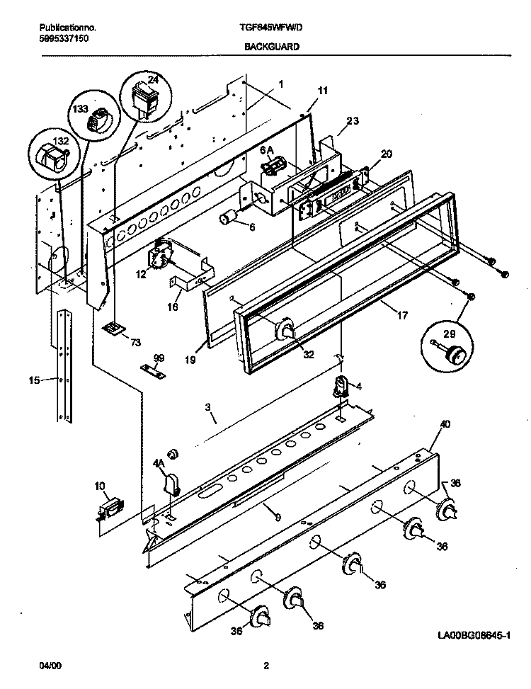 BACKGUARD Diagram and Parts List for TGF645WFD7  Tappan Range