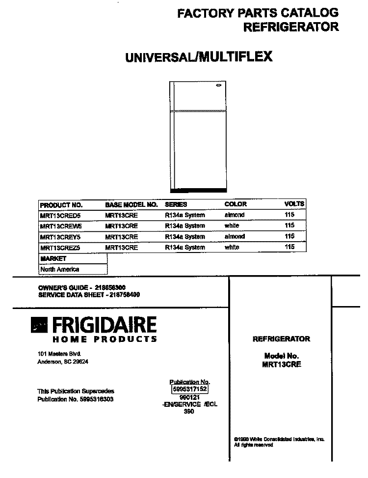 COVER Diagram and Parts List for MRT13CREW5  Uni Refrigerator