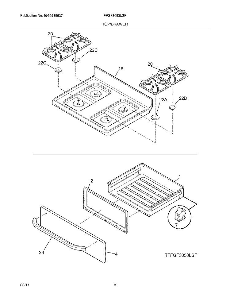 TOP/DRAWER Diagram and Parts List for FFGF3053LSF  Frigidaire Range