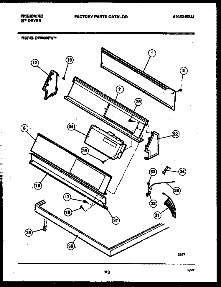 CONSOLE AND CONTROL PARTS Diagram and Parts List for DE8600PW1  Frigidaire Dryer