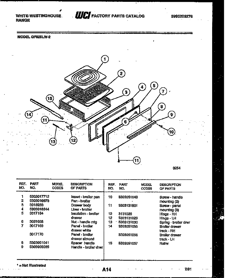 BROILER DRAWER PARTS Diagram and Parts List for GF625LW2  Frigidaire Range
