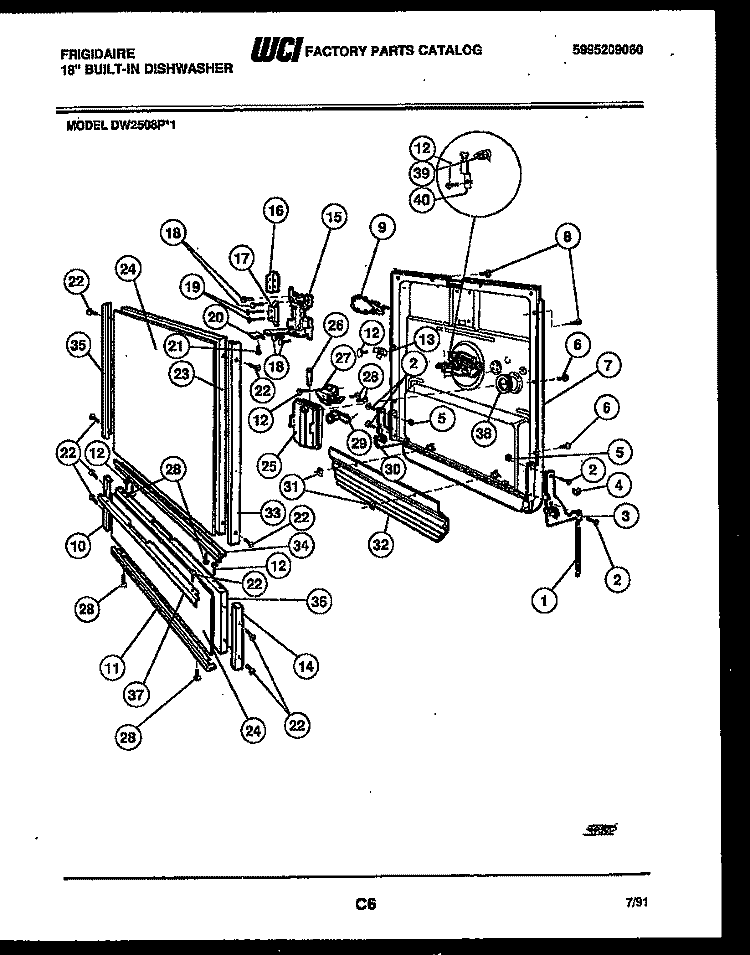 DOOR PARTS Diagram and Parts List for DW2508PW1  Frigidaire Dishwasher