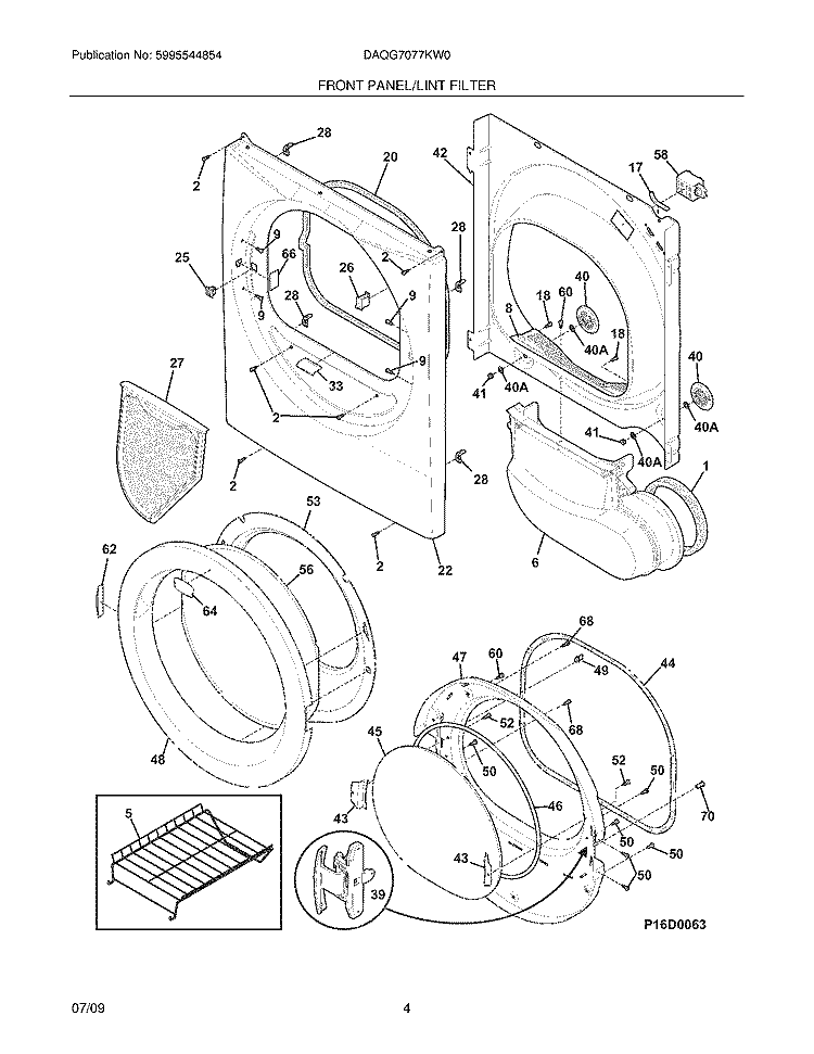 FRONT PANEL/LINT FILTER Diagram and Parts List for DAQG7077KW0  Frigidaire Dryer