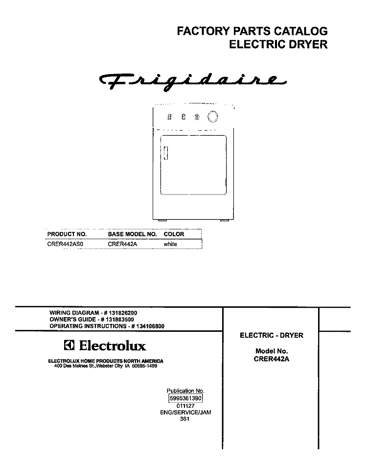 COVER Diagram and Parts List for CRER442AS0  Frigidaire Dryer