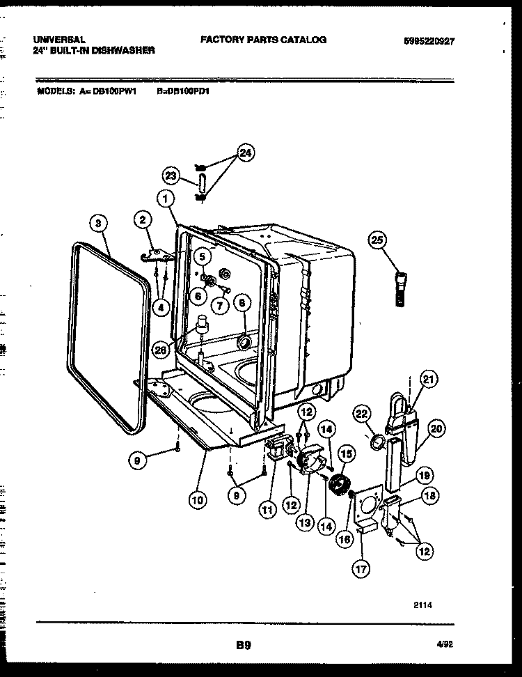 TUB AND FRAME PARTS Diagram and Parts List for DB100PW1  Frigidaire Dishwasher
