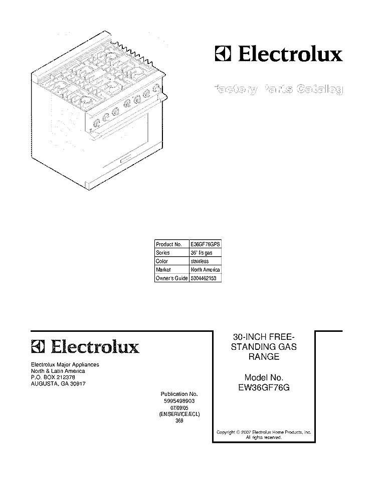 COVER Diagram and Parts List for E36GF76GPS  Electrolux Range