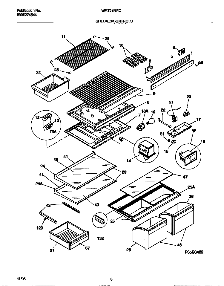 SHELVES / CONTROLS Diagram and Parts List for WRT21NRCW1  Frigidaire Refrigerator
