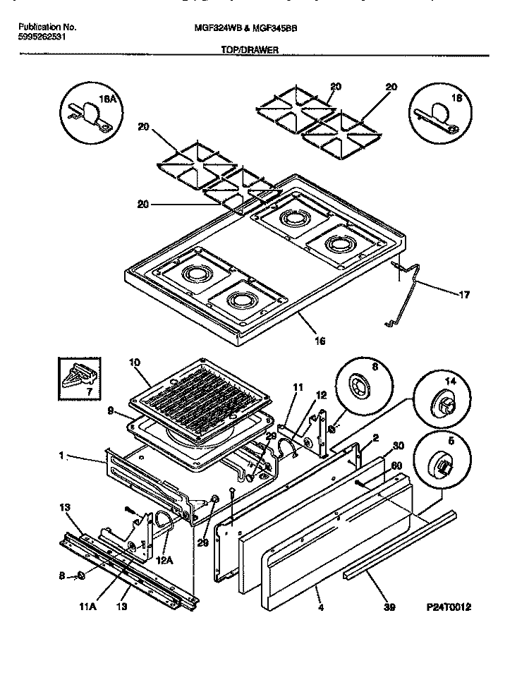 TOP / DRAWER Diagram and Parts List for MGF324WBSB  Frigidaire Range