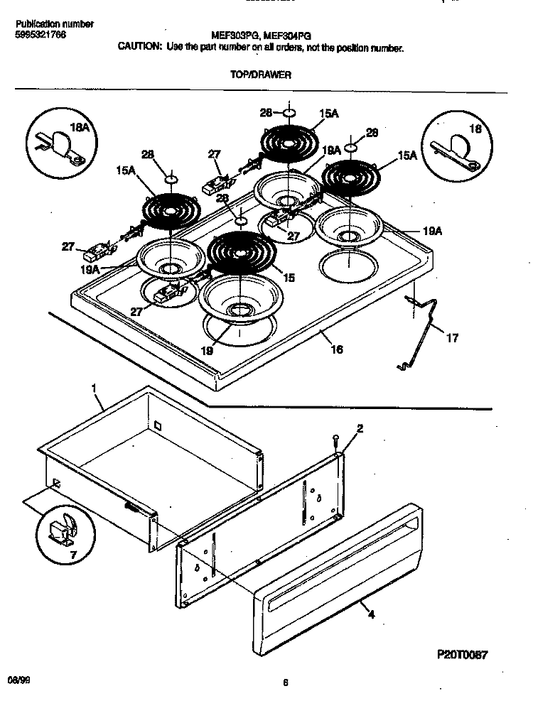 TOP / DRAWER Diagram and Parts List for MEF303PGDY  Frigidaire Range