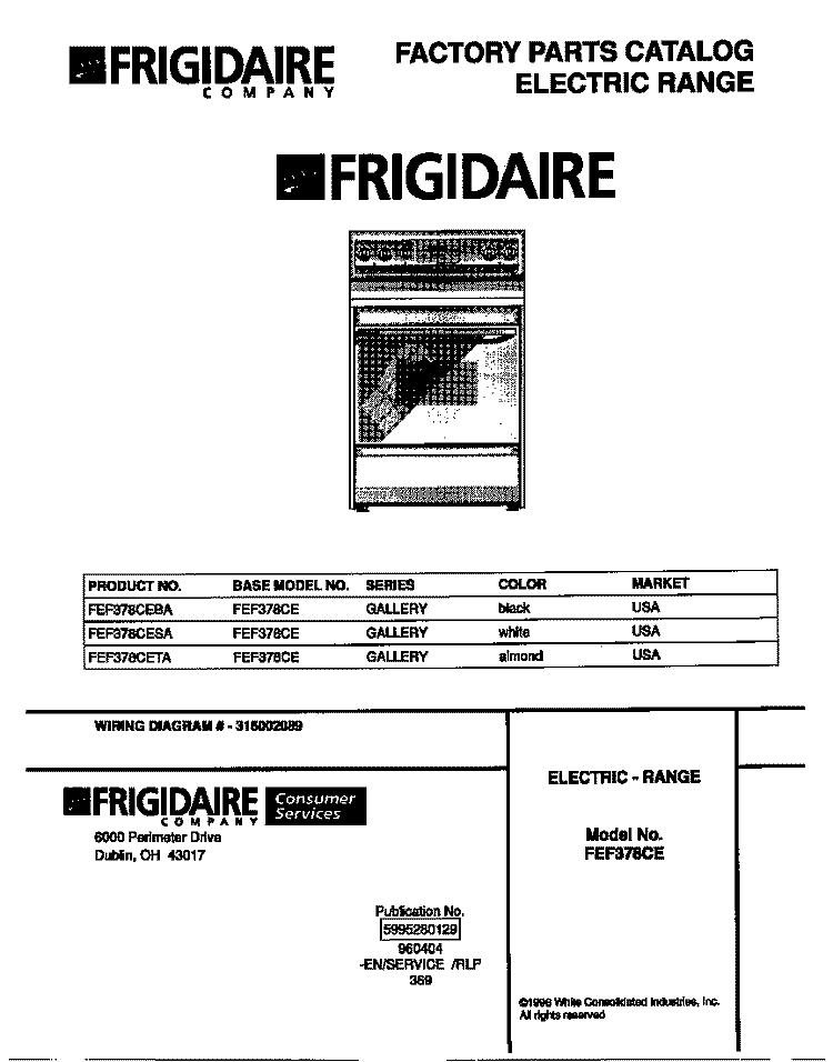 COVER Diagram and Parts List for FEF378CESA  Frigidaire Range