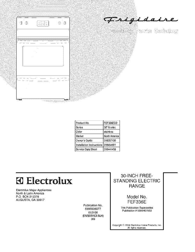 COVER Diagram and Parts List for FEF336ECD  Frigidaire Range