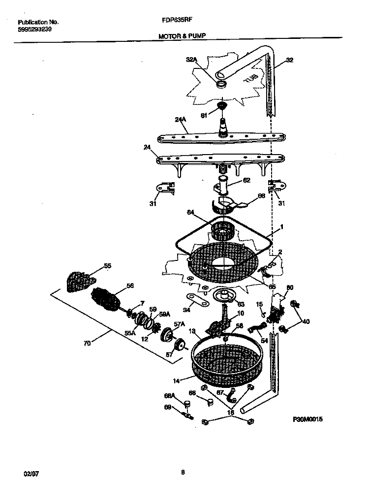 MOTOR & PUMP Diagram and Parts List for FDP635RFR2  Frigidaire Dishwasher