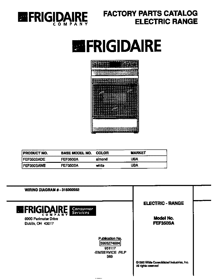 COVER Diagram and Parts List for FEF350SAWE  Frigidaire Range