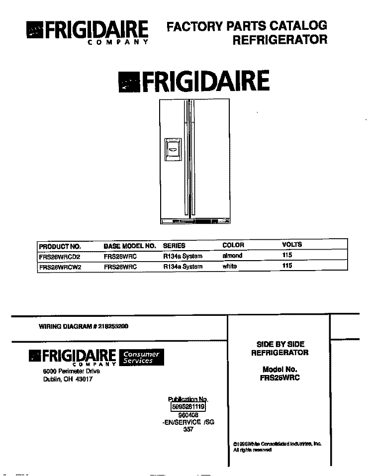 COVER Diagram and Parts List for FRS26WRCD2  Frigidaire Refrigerator