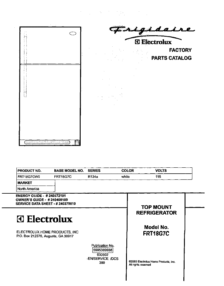 COVER Diagram and Parts List for FRT18G7CW0  Frigidaire Refrigerator