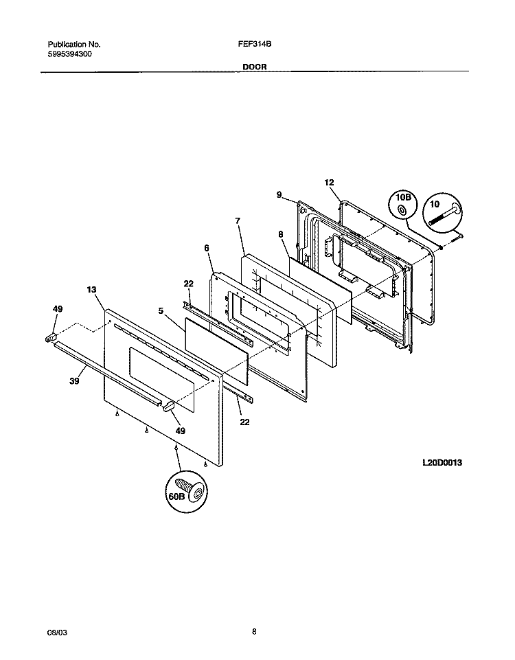 DOOR Diagram and Parts List for FEF314BWB  Frigidaire Range