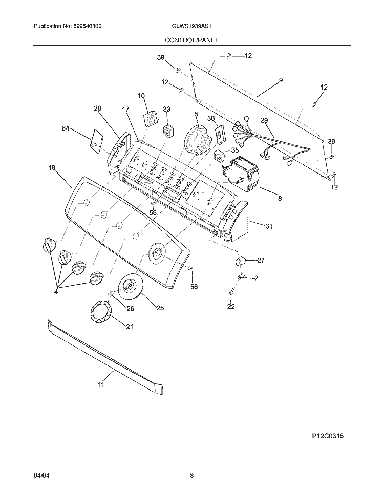 CONTROL / PANEL Diagram and Parts List for GLWS1939AS1  Frigidaire Washer