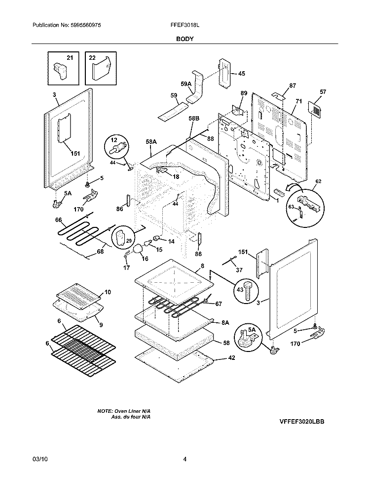 BODY Diagram and Parts List for FFEF3018LBA  Frigidaire Range