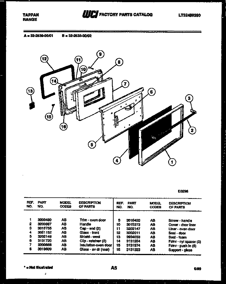 DOOR PARTS Diagram and Parts List for 32-2539-00-01  Tappan Range