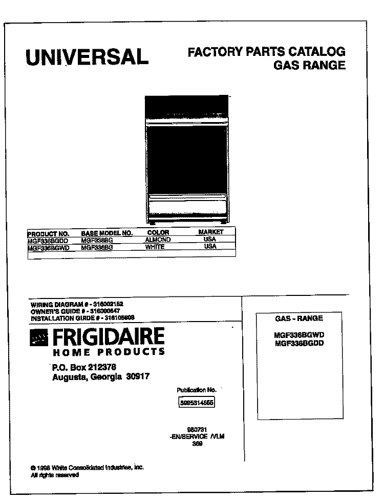 COVER Diagram and Parts List for MGF336BGDD  Frigidaire Range