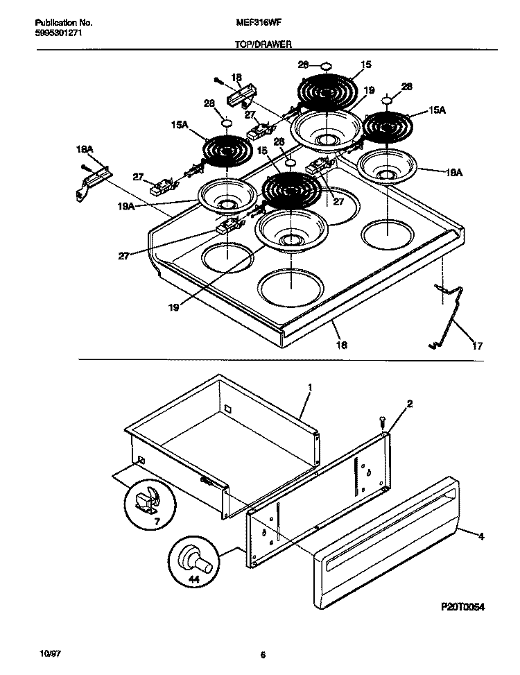 TOP / DRAWER Diagram and Parts List for MEF316WFSC  Frigidaire Range