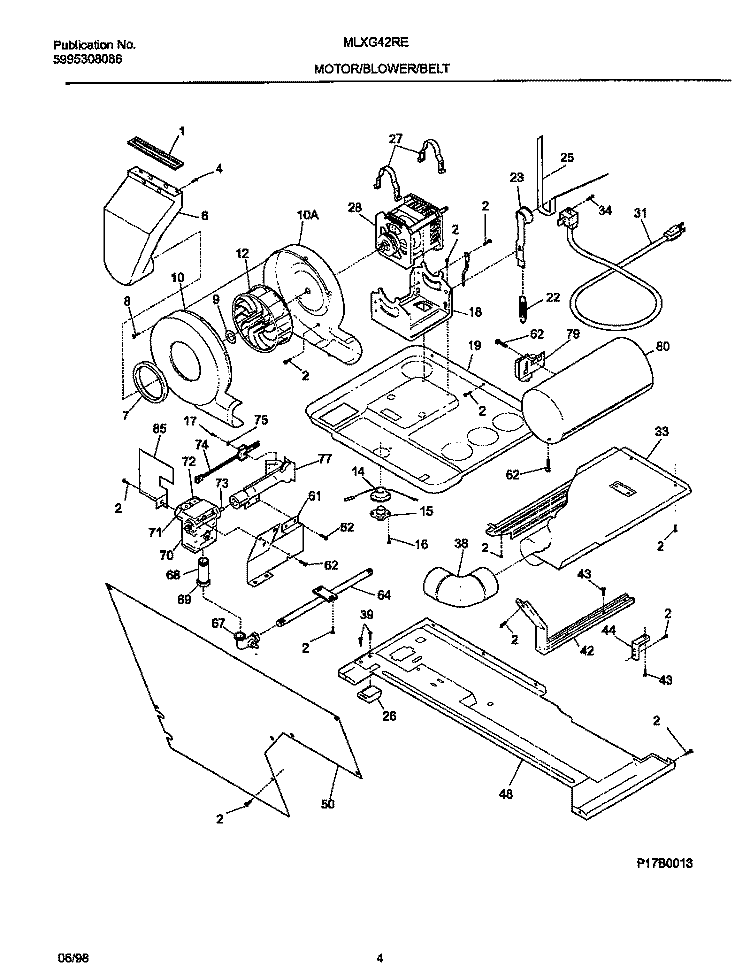 MOTOR / BLOWER / BELT Diagram and Parts List for MLXG42RED3  Frigidaire Washer Dryer Combo