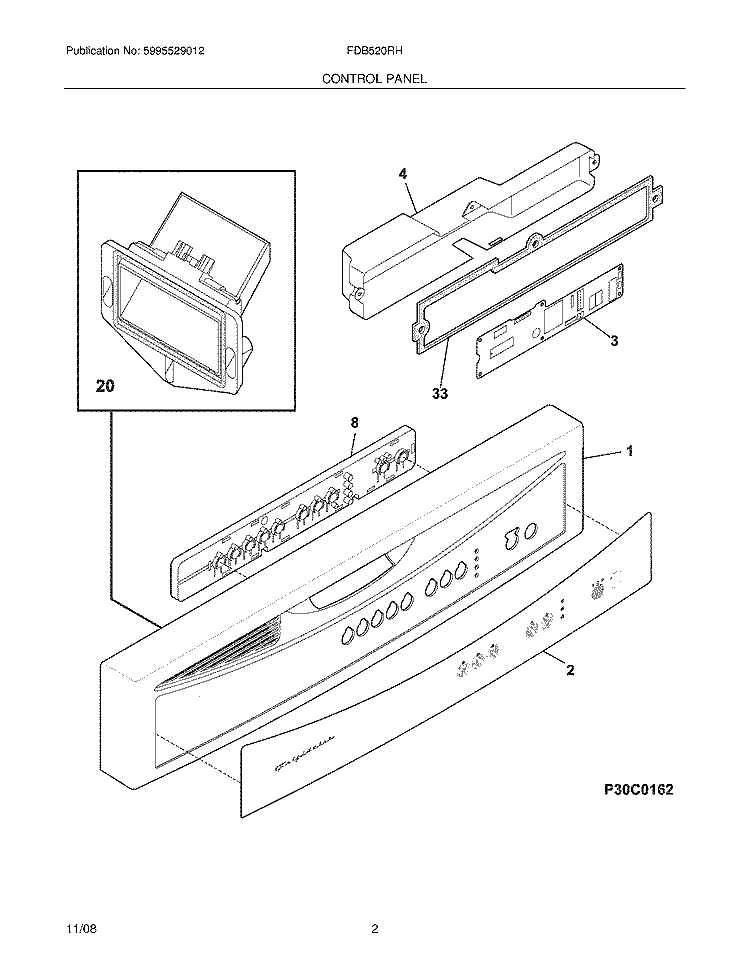 CONTROL PANEL Diagram and Parts List for FDB520RHB0  Frigidaire Dishwasher
