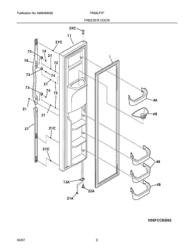 FREEZER DOOR Diagram and Parts List for FRS6LF7FS7  Frigidaire Refrigerator