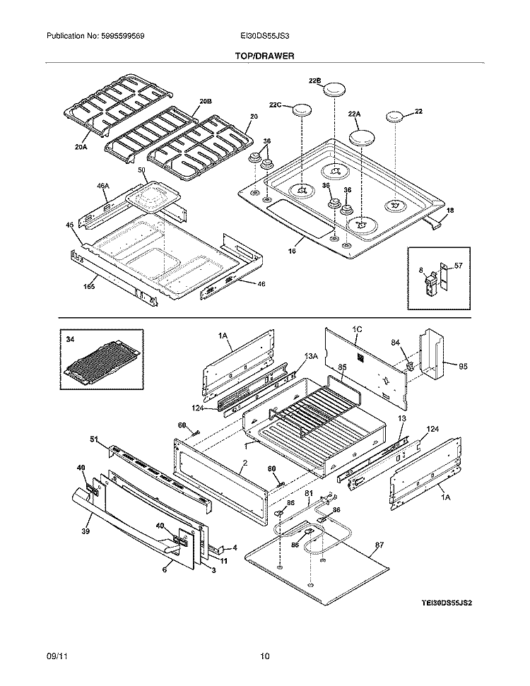 TOP/DRAWER Diagram and Parts List for EI30DS55JS3  Electrolux Range