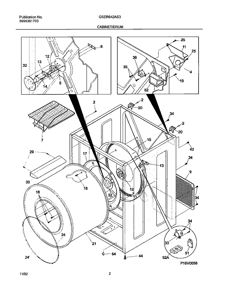 CABINET / DRUM Diagram and Parts List for GSER642AS3  Frigidaire Dryer