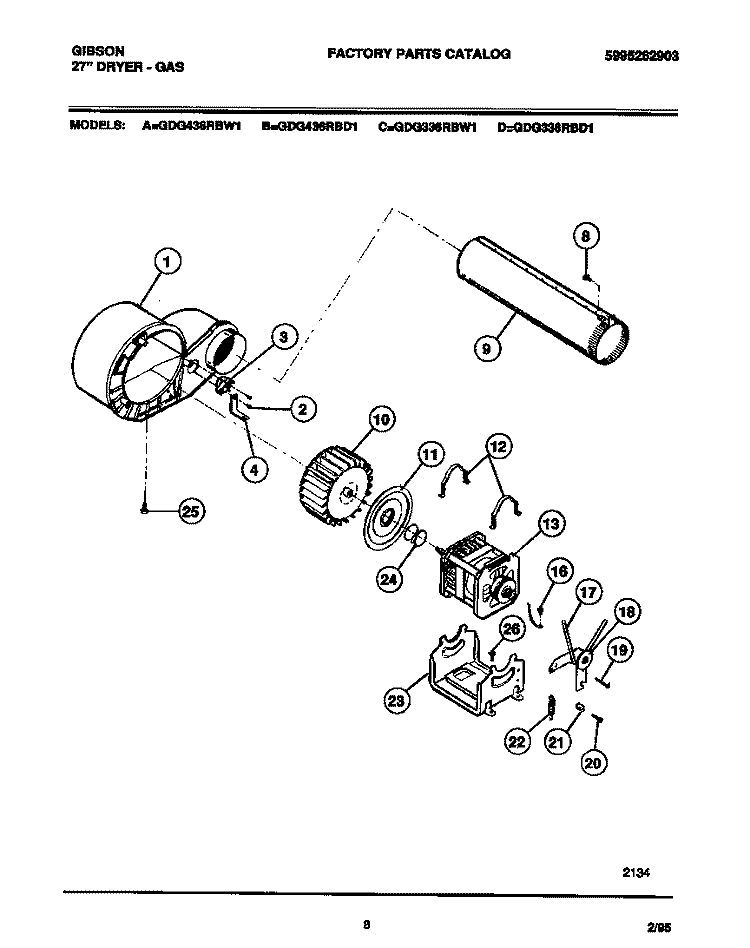 MOTOR, FAN HSG., EXHAUST DUCT Diagram and Parts List for GDG336RBD1  Gibson Dryer
