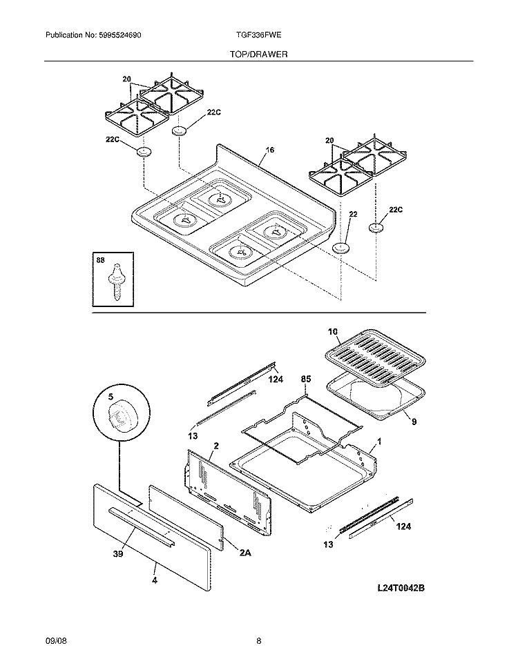 TOP/DRAWER Diagram and Parts List for TGF336FWE  Tappan Range