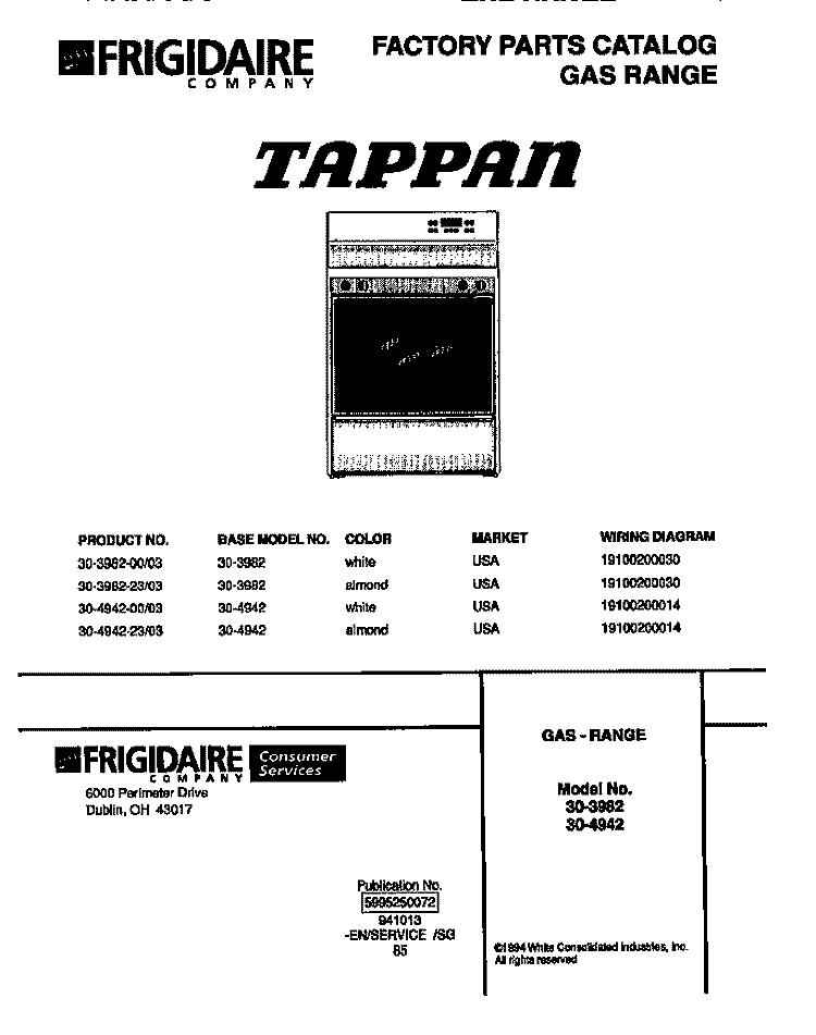 RANGE, GAS Diagram and Parts List for 30-3982-23-03  Tappan Range