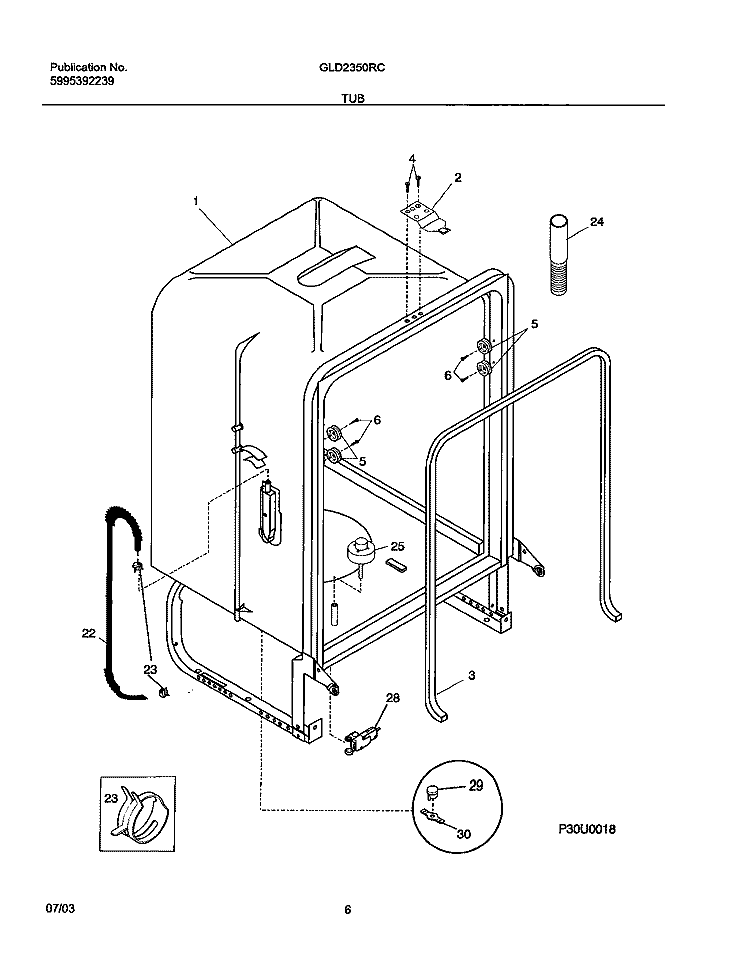 TUB Diagram and Parts List for GLD2350RCQ0  Frigidaire Dishwasher