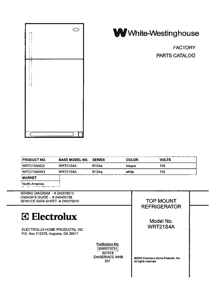 COVER Diagram and Parts List for WRT21S4AW3  Westinghouse Refrigerator
