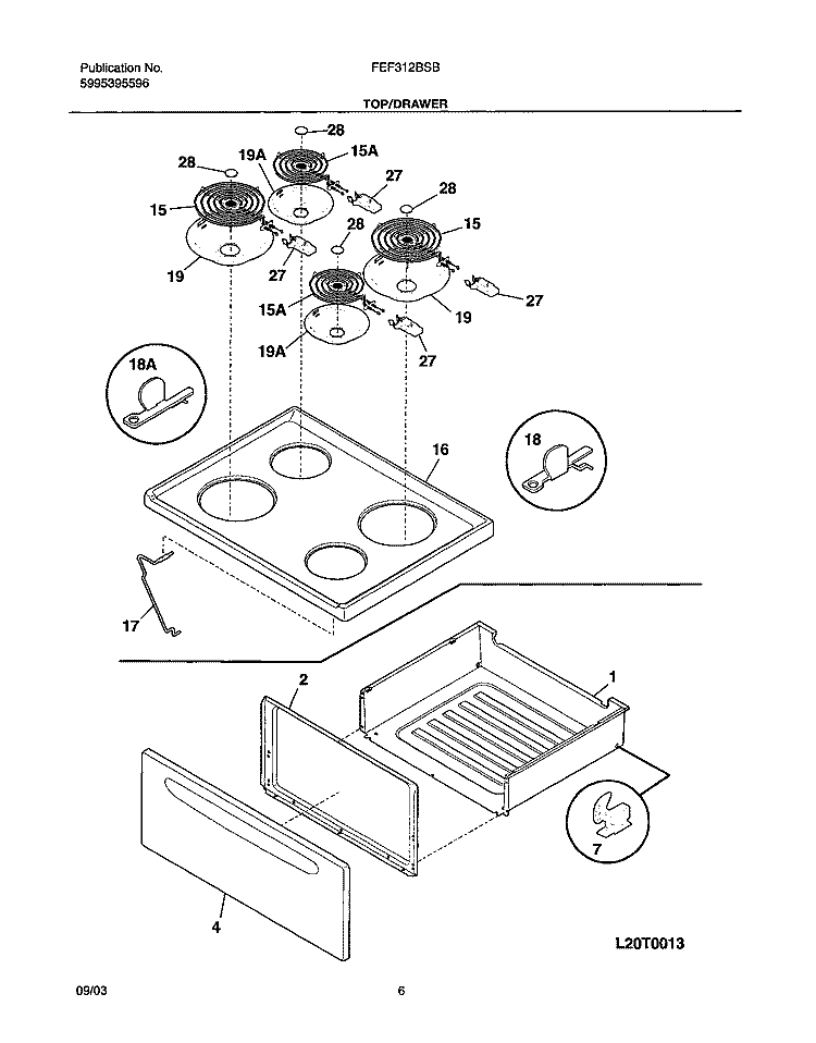 TOP / DRAWER Diagram and Parts List for FEF312BSB  Frigidaire Range