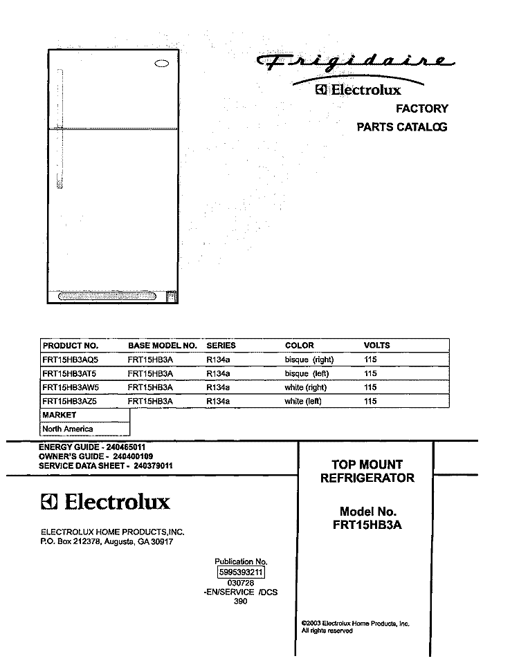 COVER Diagram and Parts List for FRT15HB3AZ5  Frigidaire Refrigerator