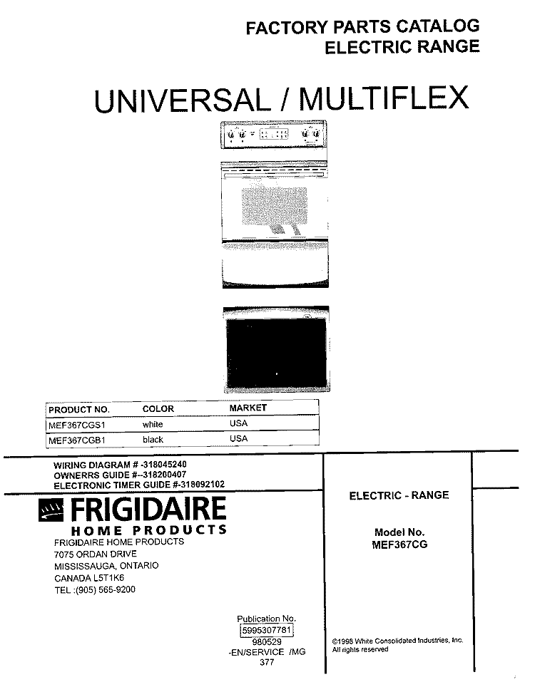 COVER Diagram and Parts List for MEF367CGB1  Frigidaire Wall Oven