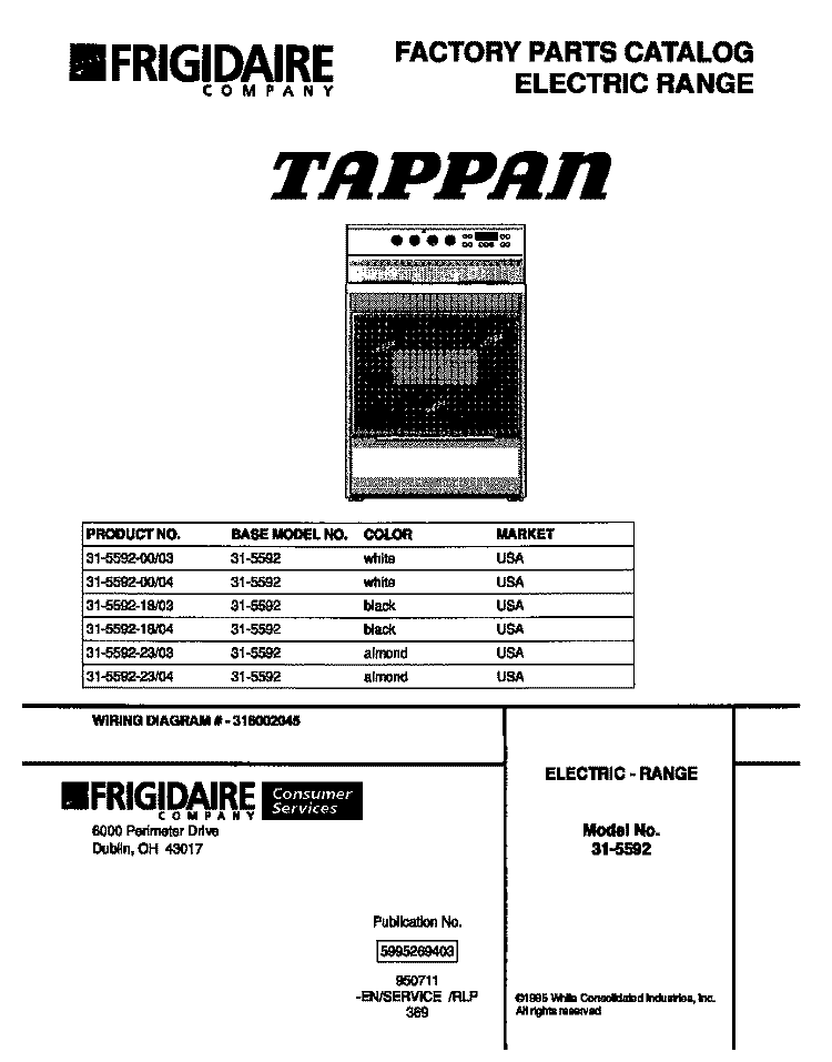 COVER Diagram and Parts List for 31-5592-23-04  Tappan Range