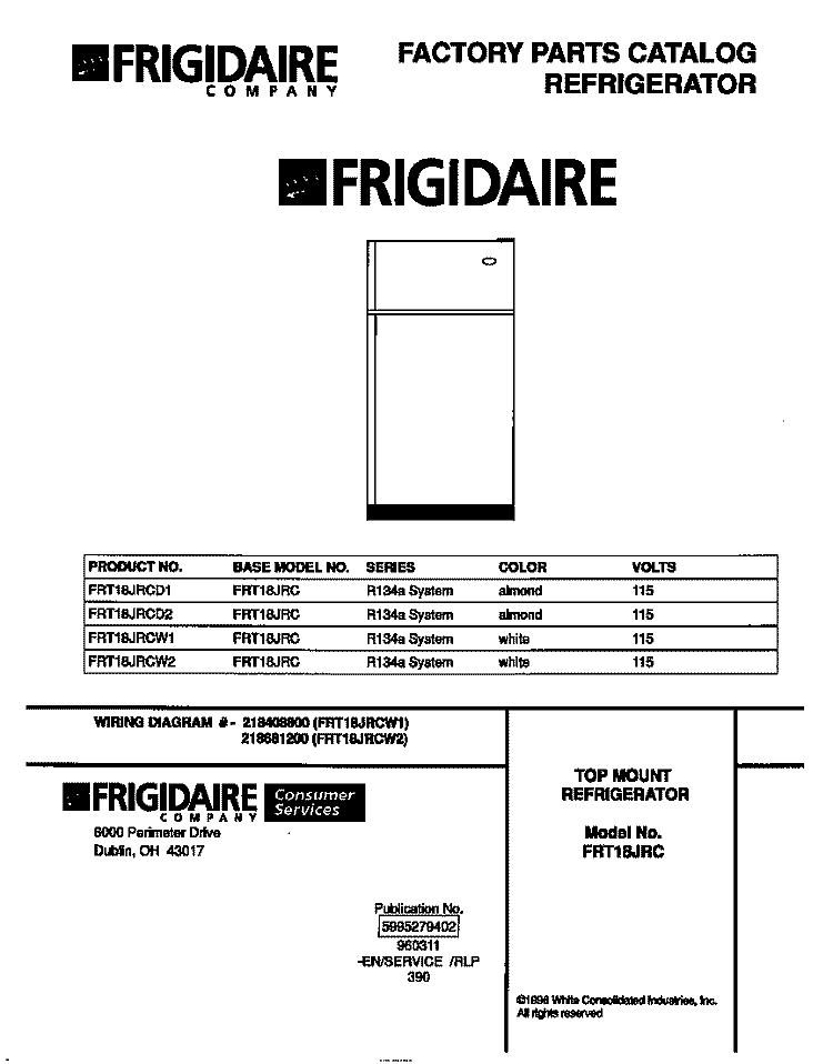 COVER Diagram and Parts List for FRT18JRCW1  Frigidaire Refrigerator