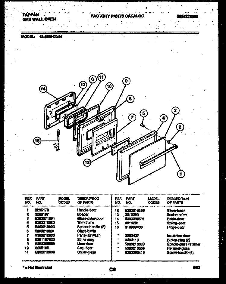 DOOR PARTS Diagram and Parts List for 12-4990-00-04  Tappan Wall Oven