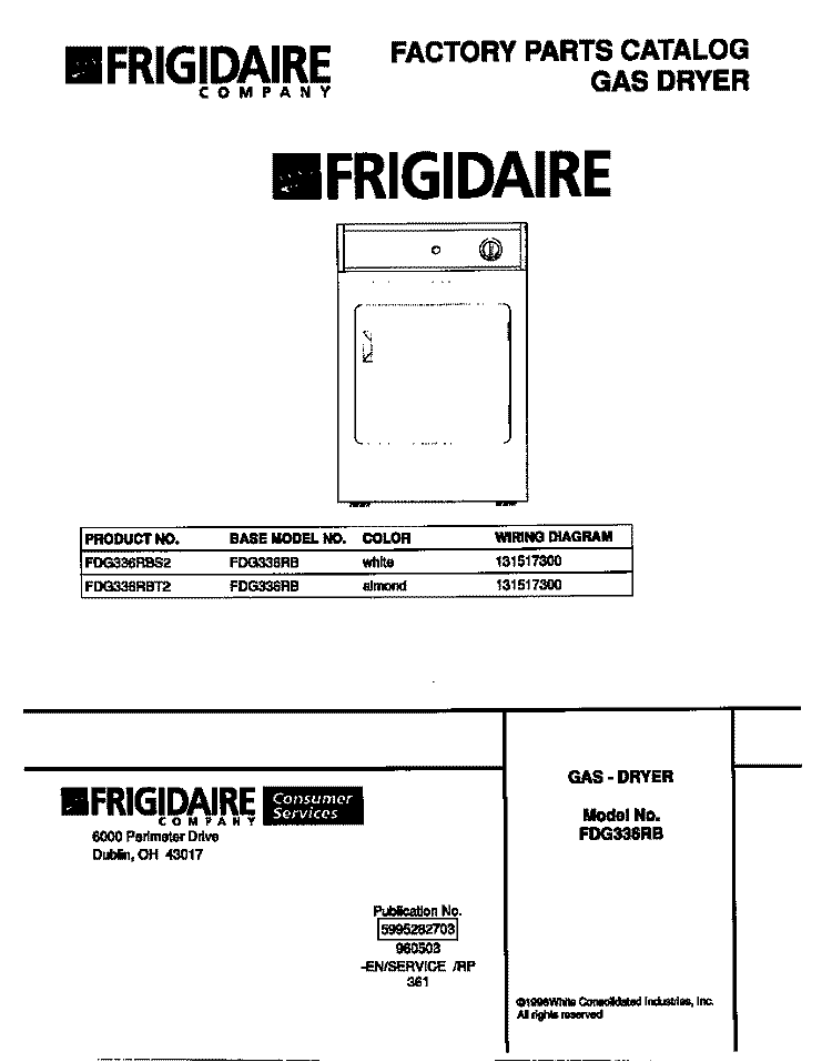 COVER Diagram and Parts List for FDG336RBS2  Frigidaire Dryer