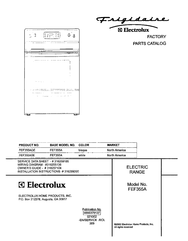 COVER Diagram and Parts List for FEF355ASE  Frigidaire Range