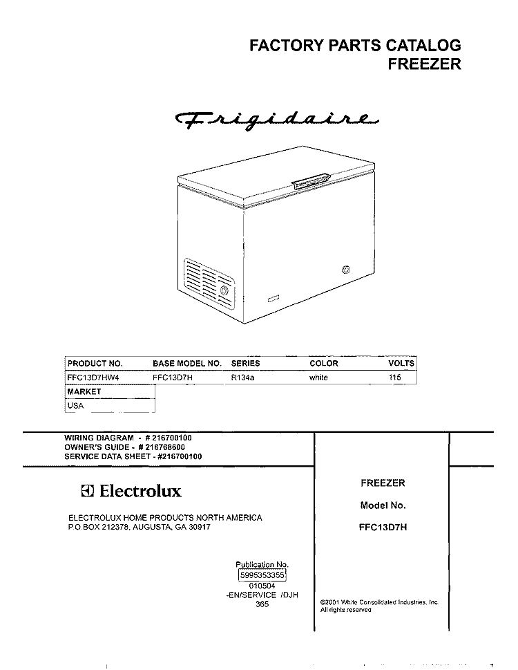 COVER Diagram and Parts List for FFC13D7HW4  Frigidaire Freezer